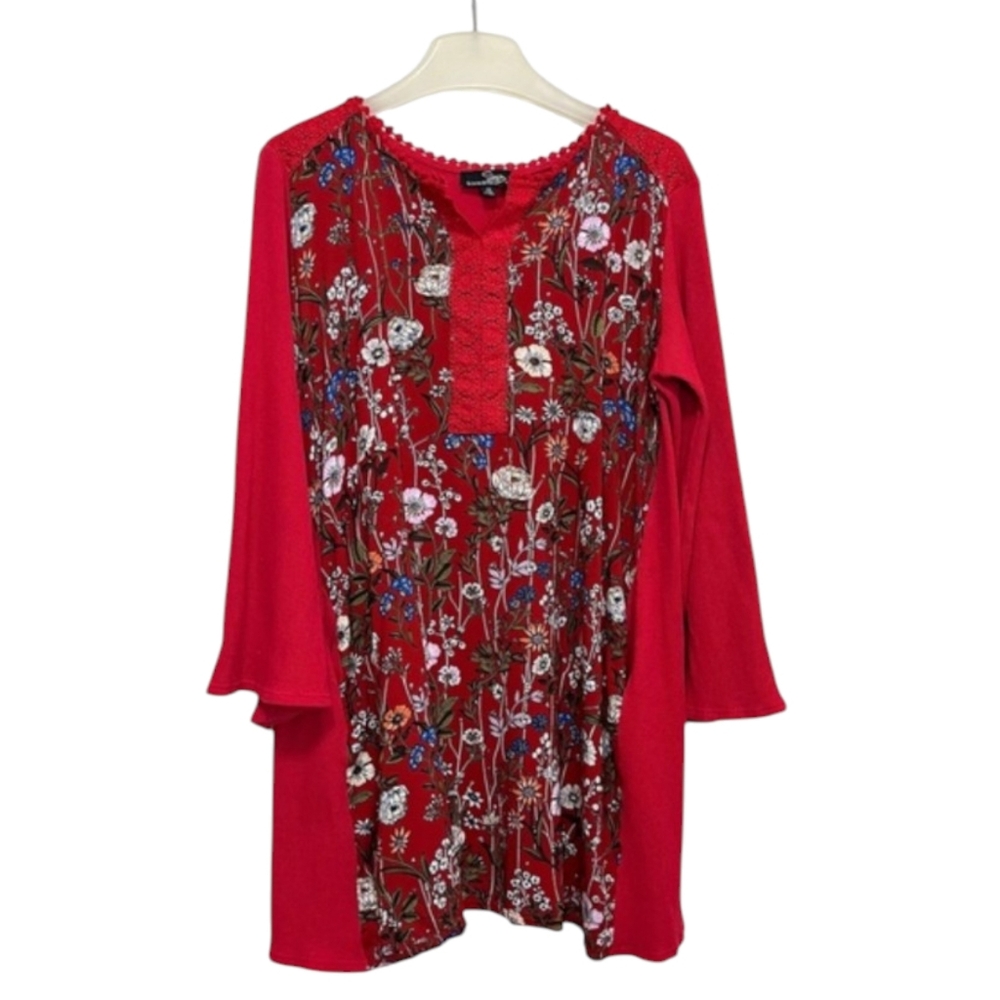 Suzanne Betro Printed Front Lace Trim Tunic Blouse -